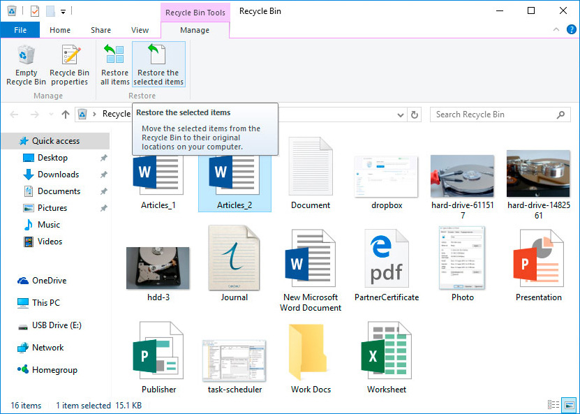Menu to restore files from the Recycle Bin